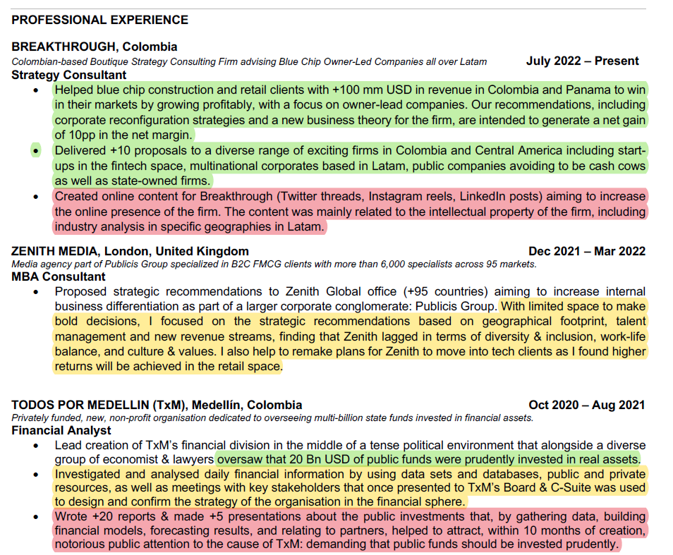 Marked-up consulting resume for an MBA candidate (page 1)