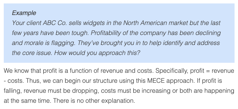 Excerpt from the Structuring concept showing an example prompt for ABC Co. declining profitability with MECE approach explanation