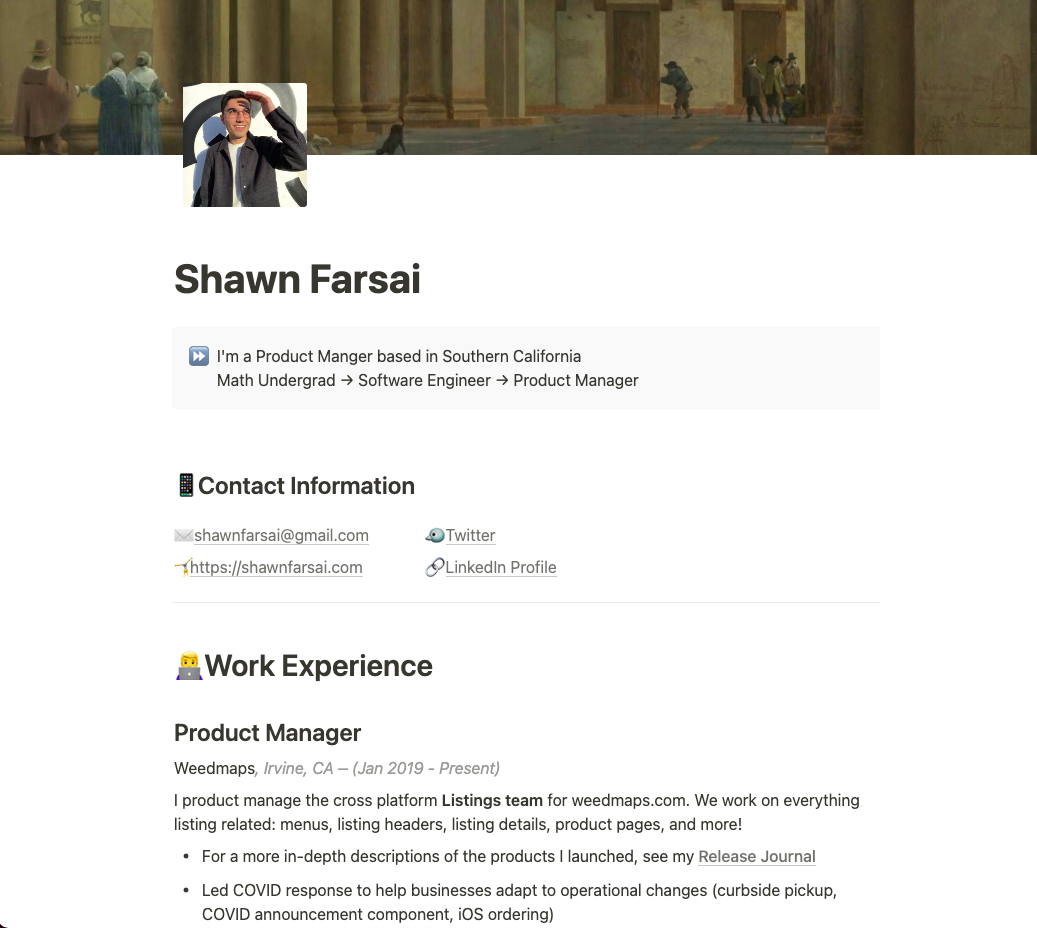 Screenshot of a Notion online resume