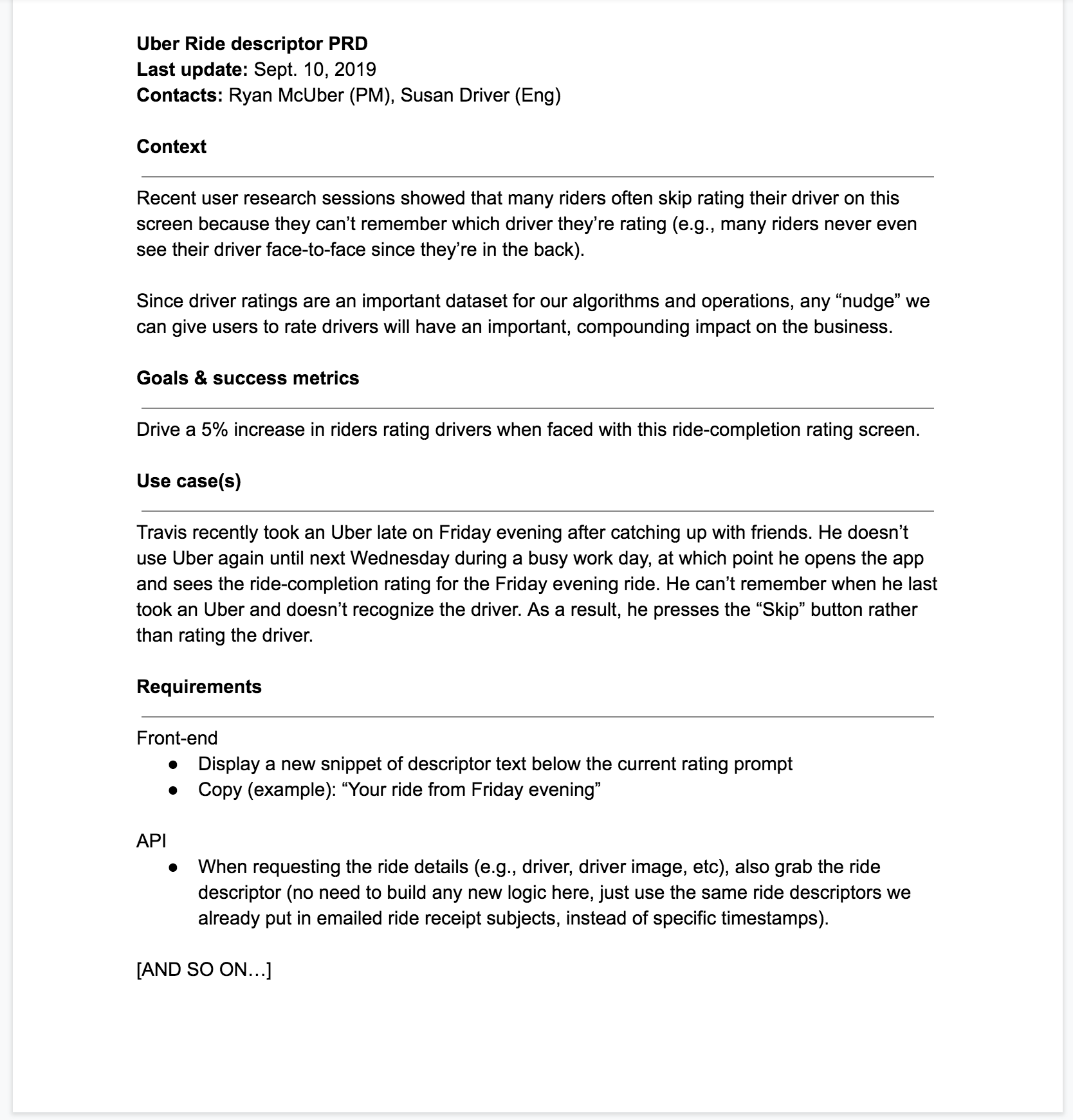 Sample Uber PRD document (fictional, not a real document)