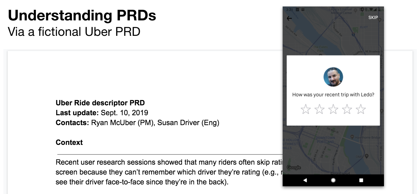 Example of a project requirements document (PRD) for an Uber app feature