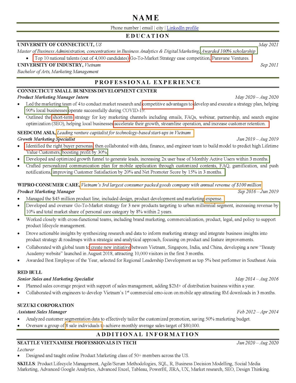 Marked-up product marketing early career resume