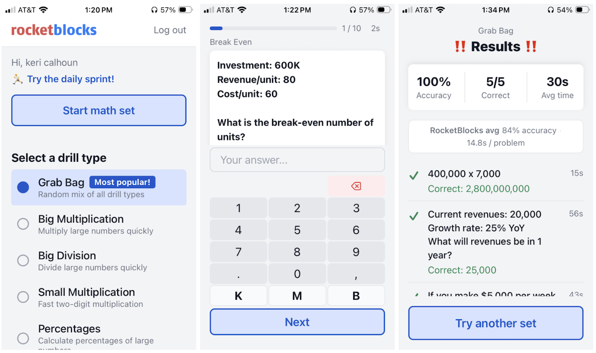 Screenshots of the RocketBlocks math app available on iOS and Android