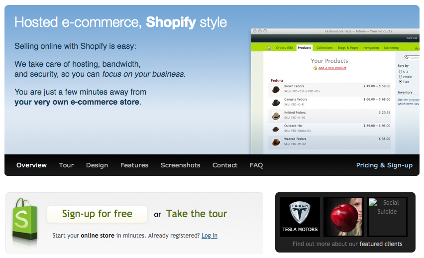 One of Shopify's legacy homepages