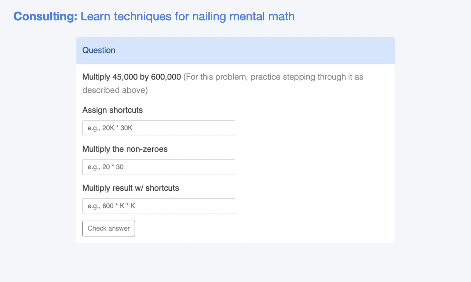 Image displays a RocketBlocks mental math concept module which walks candidates through a step-by-step process for multiplying large numbers (e.g., 45,000 by 600,000): assign shortcuts, multiply the non-zeroes, then multiply the result by the shortcuts.
