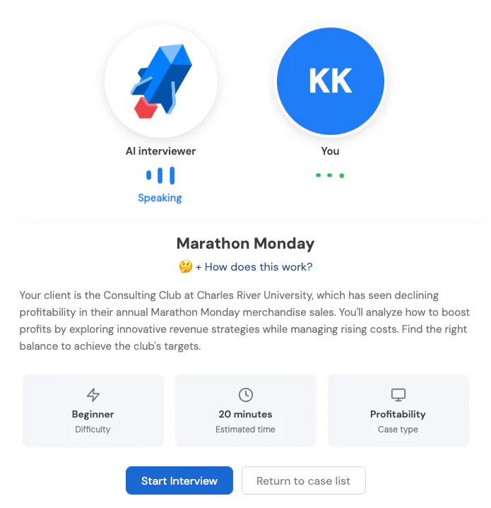 Screenshot of a RocketBlocks AI voice case, Marathon Monday: the AI interviewer is speaking while you listen, above the case prompt, a beginner profitability case estimated at 20 minutes, and Start Interview and Return to case list buttons.