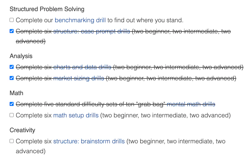 Example consulting prep plan checklist grouped by skill: structured problem solving, analysis, math and creativity, with completed drills checked off
