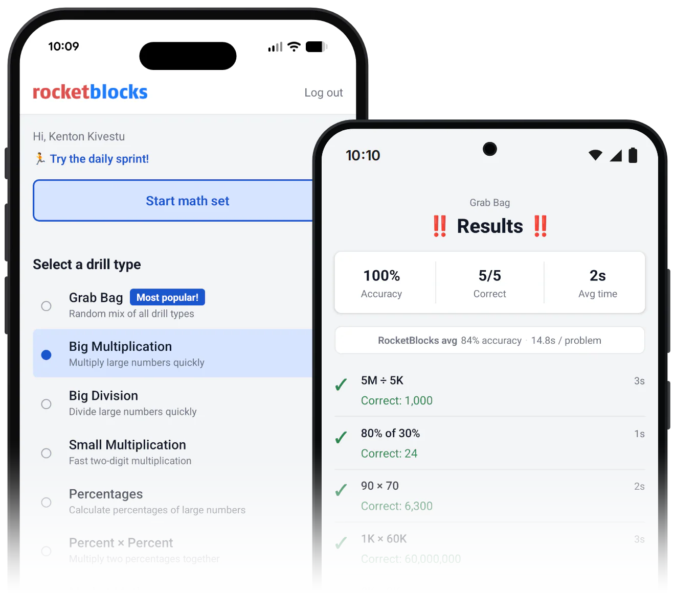 Drill picker and results screens in the RocketBlocks math app